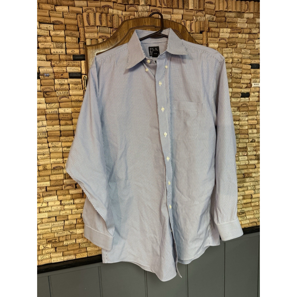 Jos A Bank Dress Shirt Mens 17 34 Blue Stripe Button Down Traveler Cotton Career